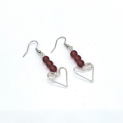 Silver Heart Earrings with Red Glass Beads