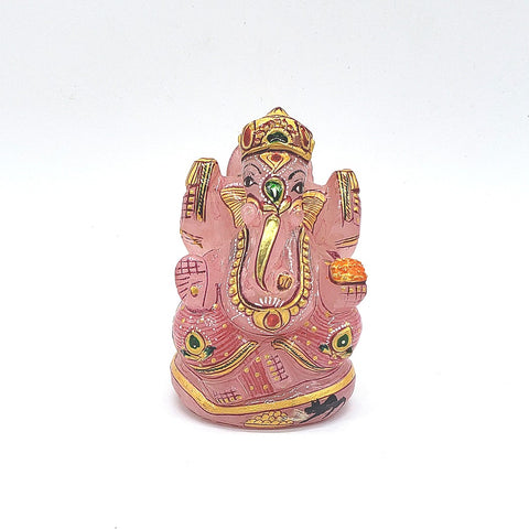 Hand Carved, Hand Painted Rose Quartz Ganesh